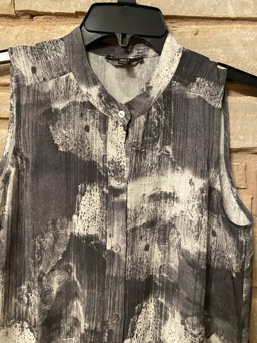 Eileen Fisher 100% Silk Ink Blot Print Tunic Top Sz XS Mandarin Collar Runs Big
